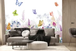 Fototapeta: Kolorowa kwiecista łąka i barwne motyle na białym tle naturalny