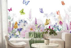 Fototapeta: Kolorowa kwiecista łąka i barwne motyle na białym tle naturalny