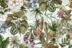 Fototapeta: Kolorowa papuga wśród liści i kwiatów