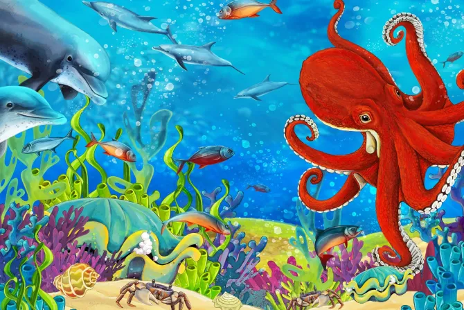 Fototapeta: Kolorowa rafa koralowa z rybami delfinami i ośmiornicą morski