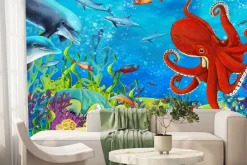 Fototapeta: Kolorowa rafa koralowa z rybami delfinami i ośmiornicą morski