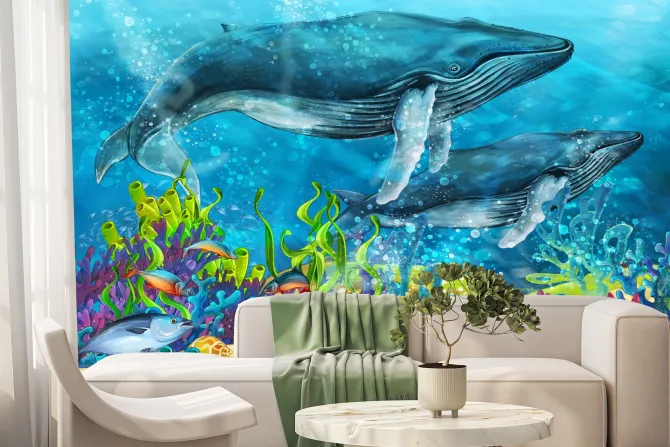 Fototapeta: Kolorowa rafa koralowa ryby i wieloryby bajkowy podwodny krajobraz