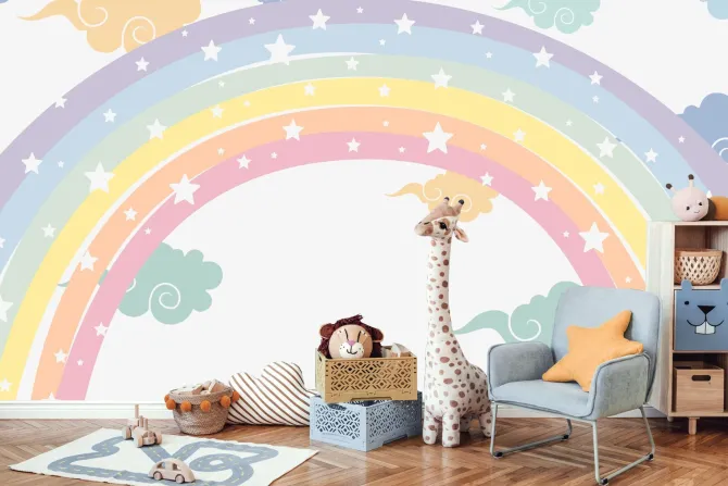 Fototapeta: Kolorowa tęcza z gwiazdkami wśród chmur