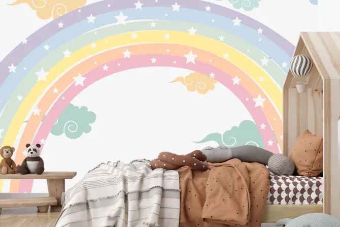 Fototapeta: Kolorowa tęcza z gwiazdkami wśród chmur