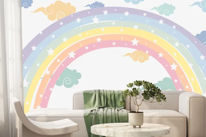 Fototapeta: Kolorowa tęcza z gwiazdkami wśród chmur