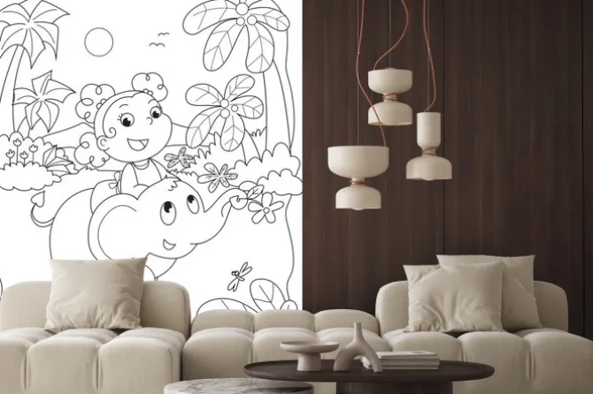 Fototapeta: Kolorowanie ilustracji dziewczyna jedzie na słonia