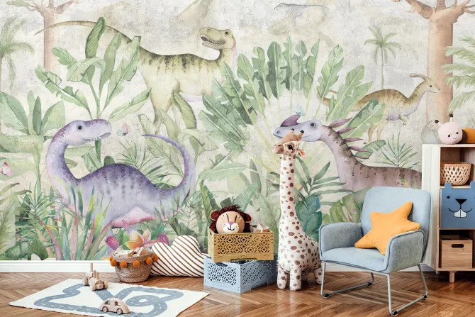 Fototapeta: Kolorowe dinozaury w tropikalnej roślinności