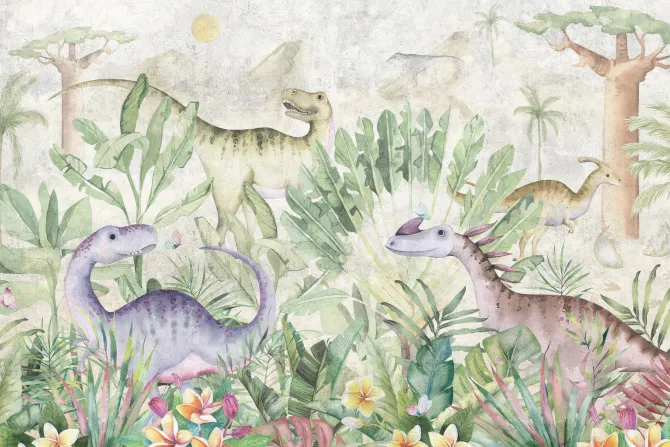 Fototapeta: Kolorowe dinozaury w tropikalnej roślinności