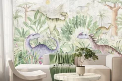 Fototapeta: Kolorowe dinozaury w tropikalnej roślinności