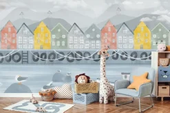 Fototapeta: Kolorowe domki przy rzece z łódką