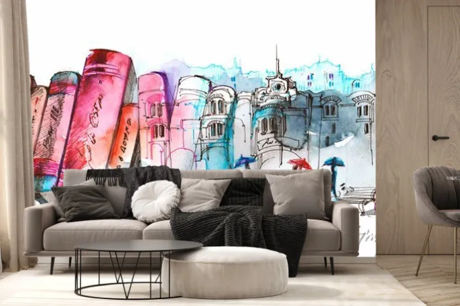 Fototapeta: Kolorowe książki i szkic miasta z sylwetkami ludzi