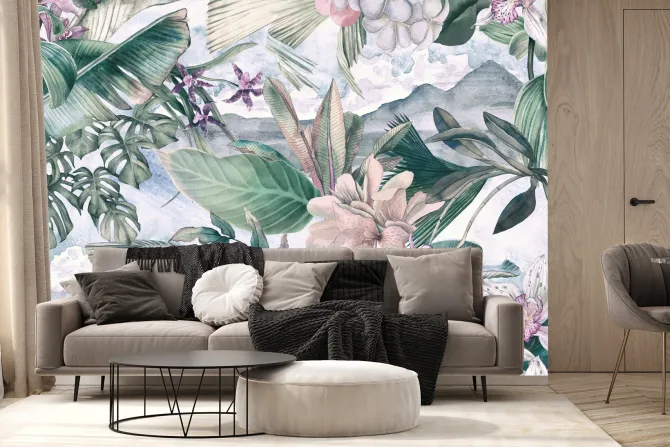 Fototapeta: Kolorowe kwiaty z tropikalnymi liśćmi