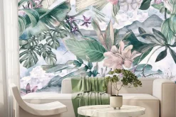Fototapeta: Kolorowe kwiaty z tropikalnymi liśćmi