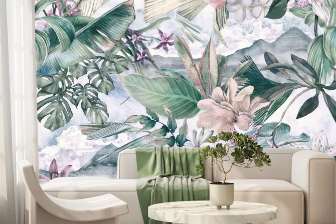 Fototapeta: Kolorowe kwiaty z tropikalnymi liśćmi