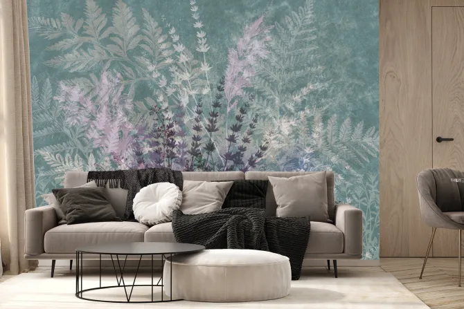 Fototapeta: Kolorowe liście paproci z lawendą