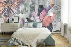 Fototapeta: Kolorowe liście palmy i banana na betonowym tle