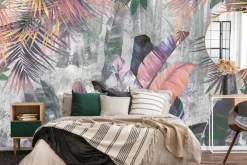 Fototapeta: Kolorowe liście palmy i banana na betonowym tle