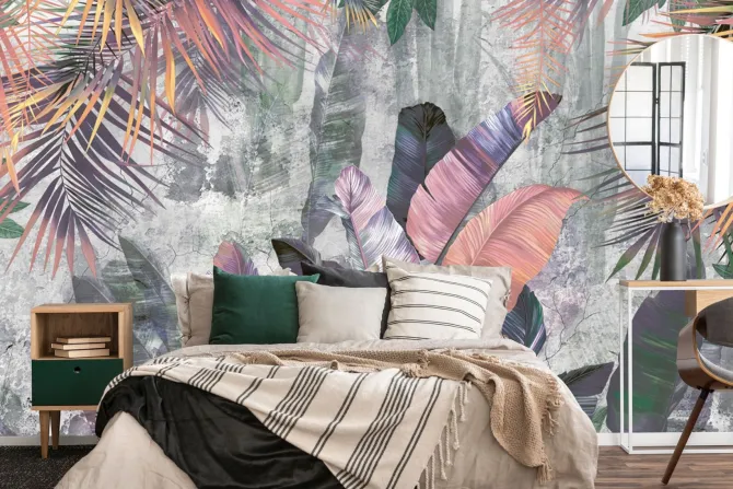 Fototapeta: Kolorowe liście palmy i banana na betonowym tle