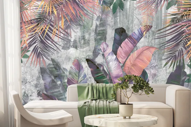 Fototapeta: Kolorowe liście palmy i banana na betonowym tle