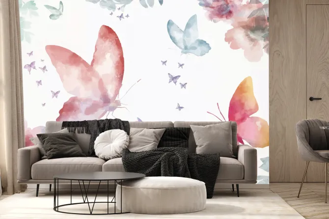 Fototapeta: Kolorowe motyle i kwiaty w stylu akwareli na białym tle delikatny