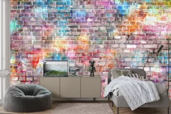 Fototapeta: Kolorowy mur z szarej cegły neon