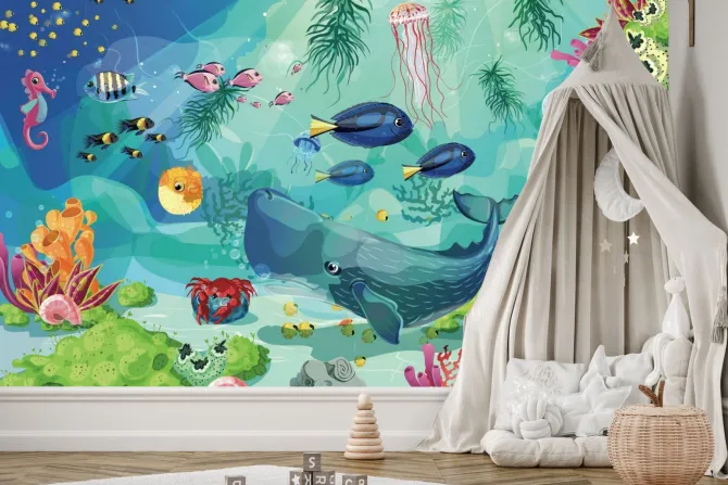 Fototapeta: Kolorowy podwodny świat z rybami i morskimi zwierzętami bajkowy