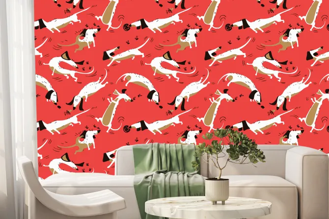 Fototapeta: Komiksowy wzór pieski na czerwonym tle