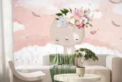 Fototapeta: Kotek z kwiatkami i motylami na łące w stylu akwareli