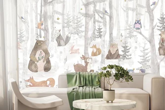 Fototapeta: Krajobraz bajkowego lasu ze zwierzętami