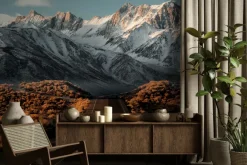 Fototapeta: Krajobraz droga na tle ośnieżonych szczytów górskich