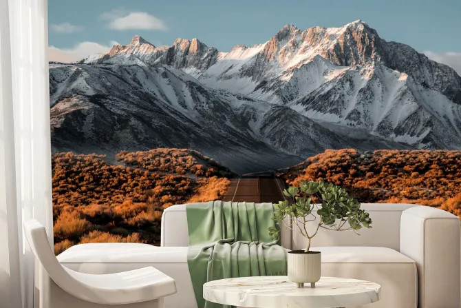 Fototapeta: Krajobraz droga na tle ośnieżonych szczytów górskich