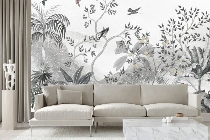 Fototapeta: Krajobraz drzewa i ptaki na tle gór mural