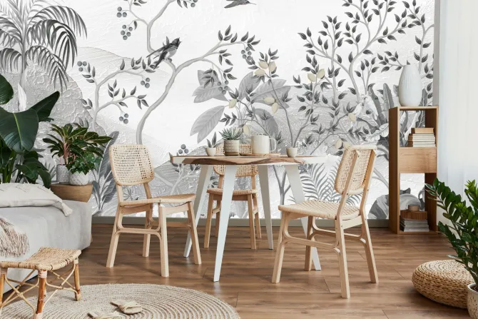 Fototapeta: Krajobraz drzewa i ptaki na tle gór mural