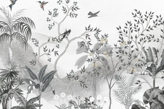 Fototapeta: Krajobraz drzewa i ptaki na tle gór mural