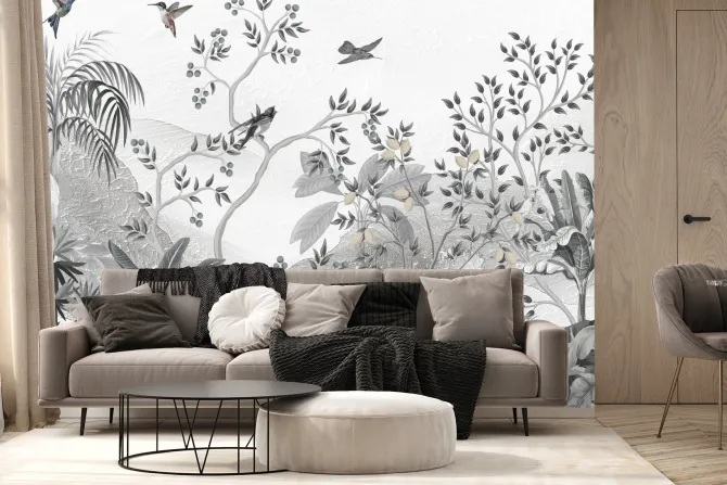 Fototapeta: Krajobraz drzewa i ptaki na tle gór mural