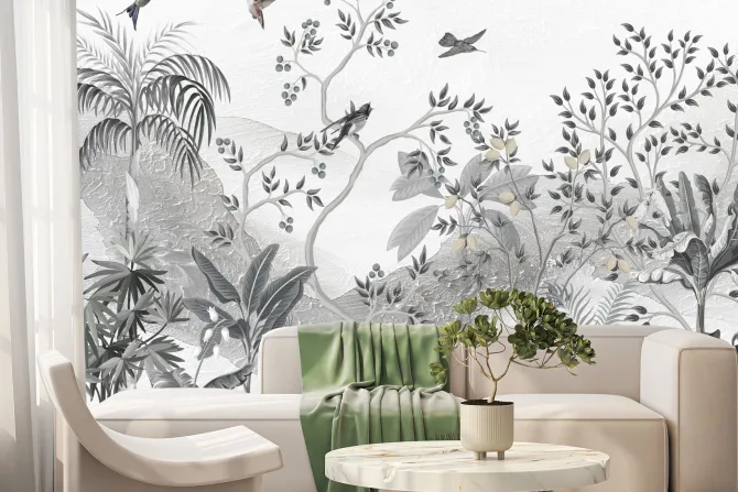 Fototapeta: Krajobraz drzewa i ptaki na tle gór mural