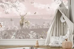 Fototapeta: Krajobraz dzikiej polany z jeleniem i leśnymi zwierzętami