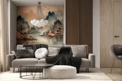 Fototapeta: Krajobraz gór wśród jeziora akwarela