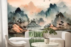 Fototapeta: Krajobraz gór wśród jeziora akwarela