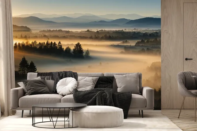 Fototapeta: Krajobraz górski las o wschodzie słońca