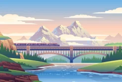 Fototapeta: Krajobraz jadącego pociągu na tle gór