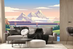 Fototapeta: Krajobraz jadącego pociągu na tle gór