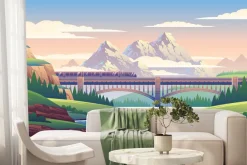 Fototapeta: Krajobraz jadącego pociągu na tle gór