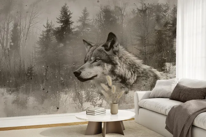 Fototapeta: Krajobraz lasu z wilkiem w szarej akwareli