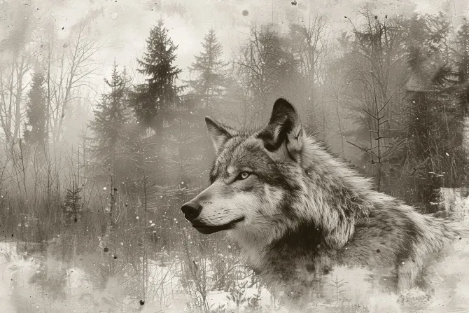 Fototapeta: Krajobraz lasu z wilkiem w szarej akwareli