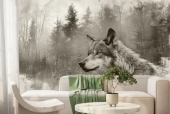 Fototapeta: Krajobraz lasu z wilkiem w szarej akwareli