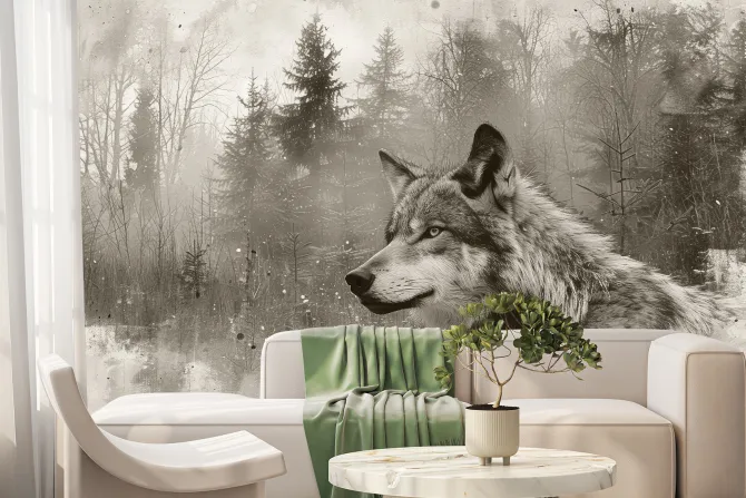 Fototapeta: Krajobraz lasu z wilkiem w szarej akwareli