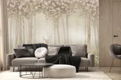 Fototapeta: Krajobraz lasu z kwiatami i jeleniem