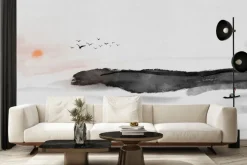 Fototapeta: Krajobraz w stylu chińskim morze ptaki zachód słońca