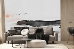 Fototapeta: Krajobraz w stylu chińskim morze ptaki zachód słońca